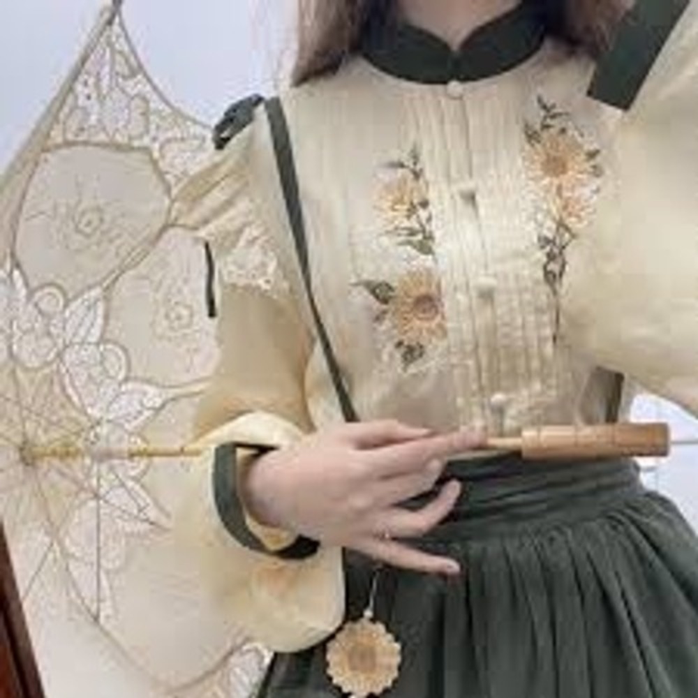 Meow Jun Sunflower Lolita Blouse Embroidered Ruffle Chinese Style Top Large
